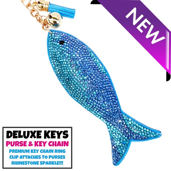 DeLuxe Keys Rhinestone Keychain/Purse Chain-Blue Fish - Picture 1 of 2